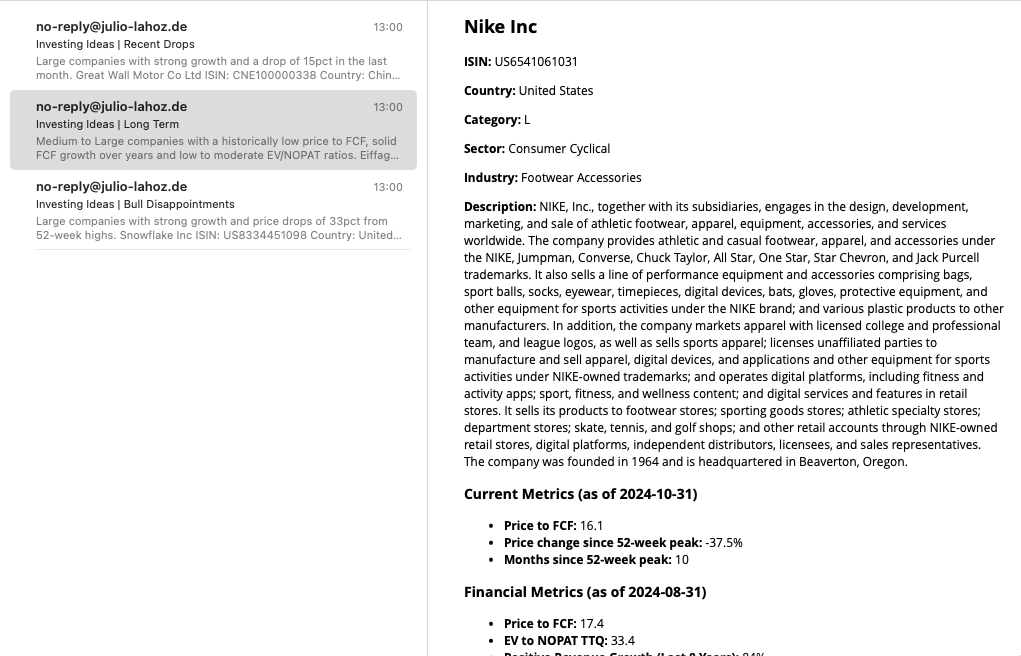 Sample email alerts from the financial analysis system